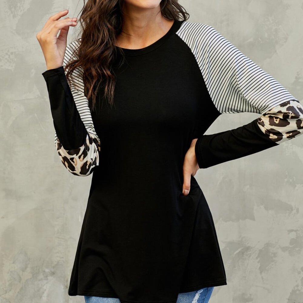 Black Tee with Stripes and Leopard Print Accents-New with Original Packaging